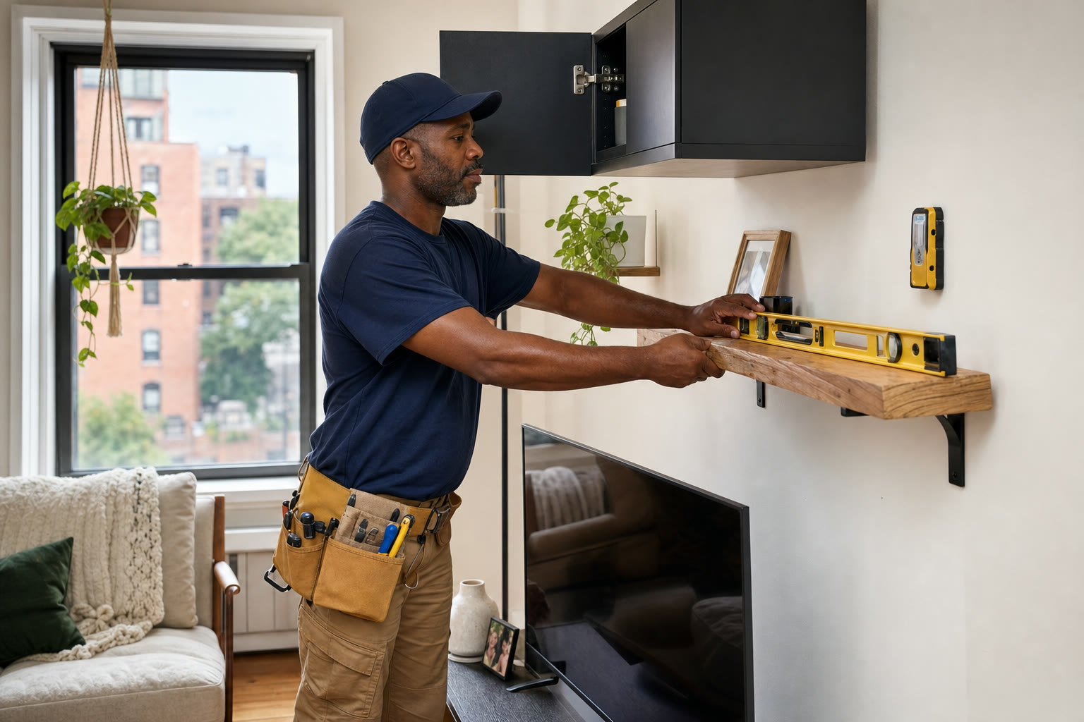 Handyman installing shelving and a wall cabinet