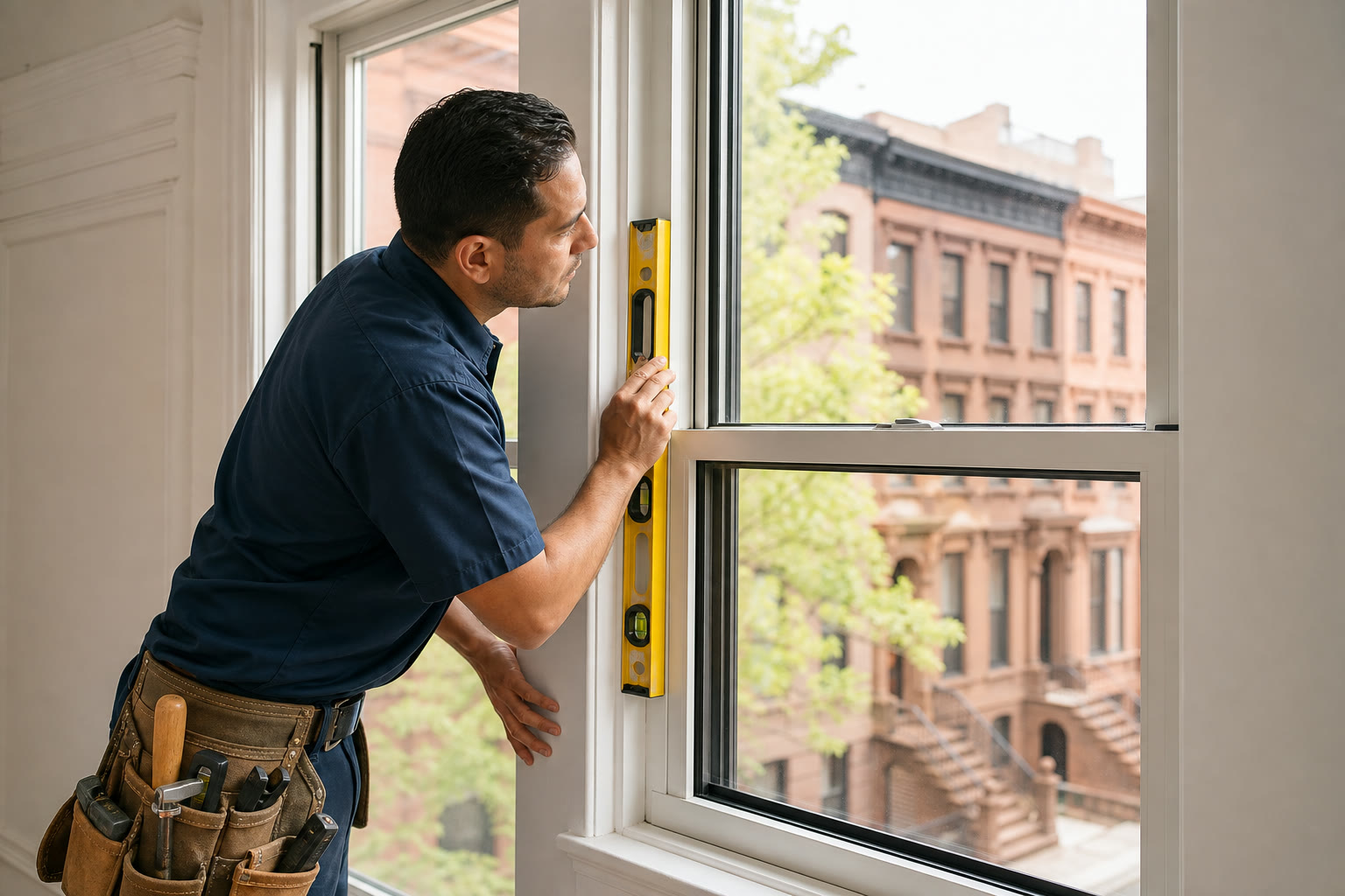 Professional installer leveling a residential window in a Brooklyn home